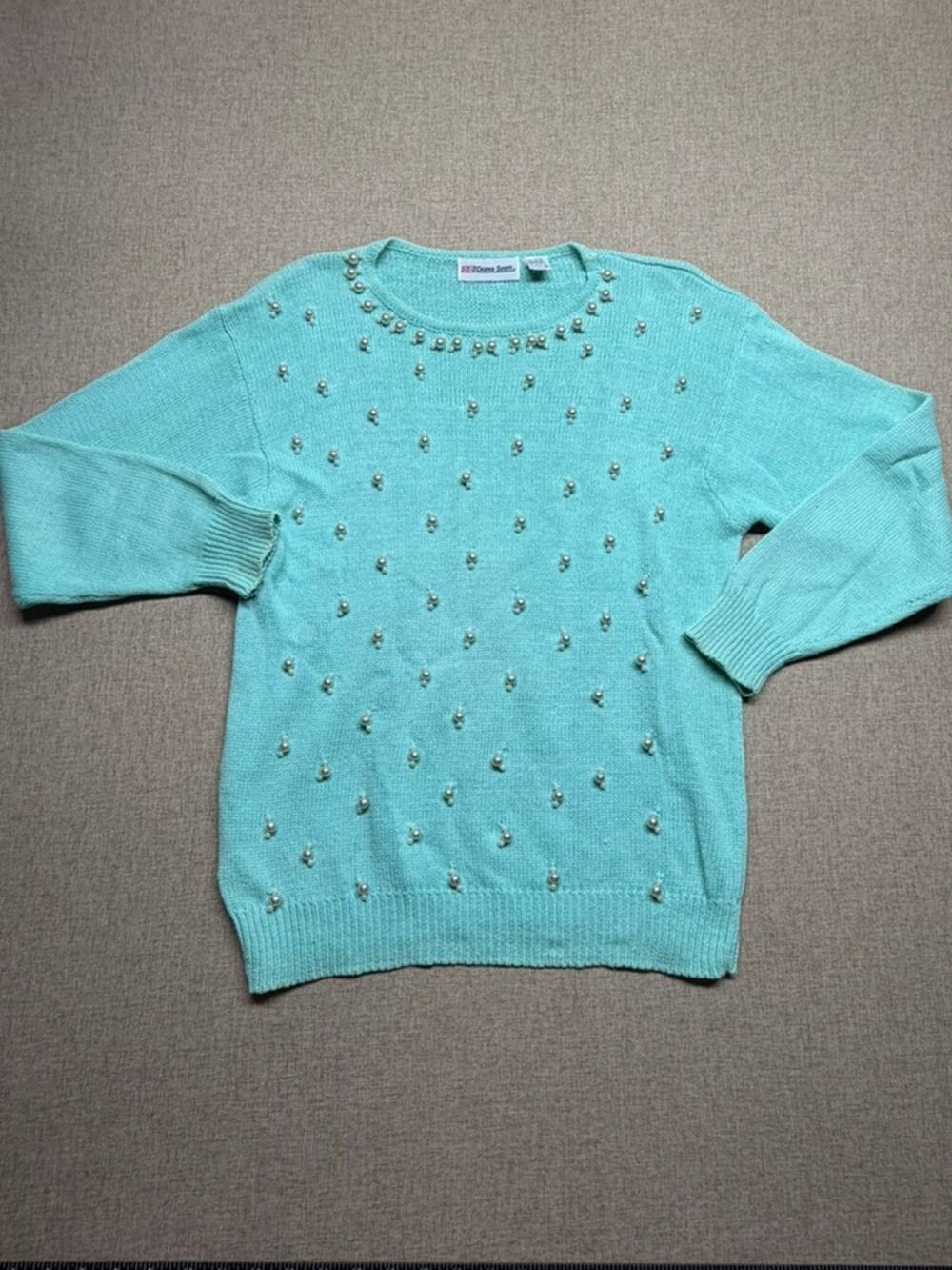 Vintage Dana Scott Faux Pearl Beaded Pullover Sweater Aqua Teal Medium